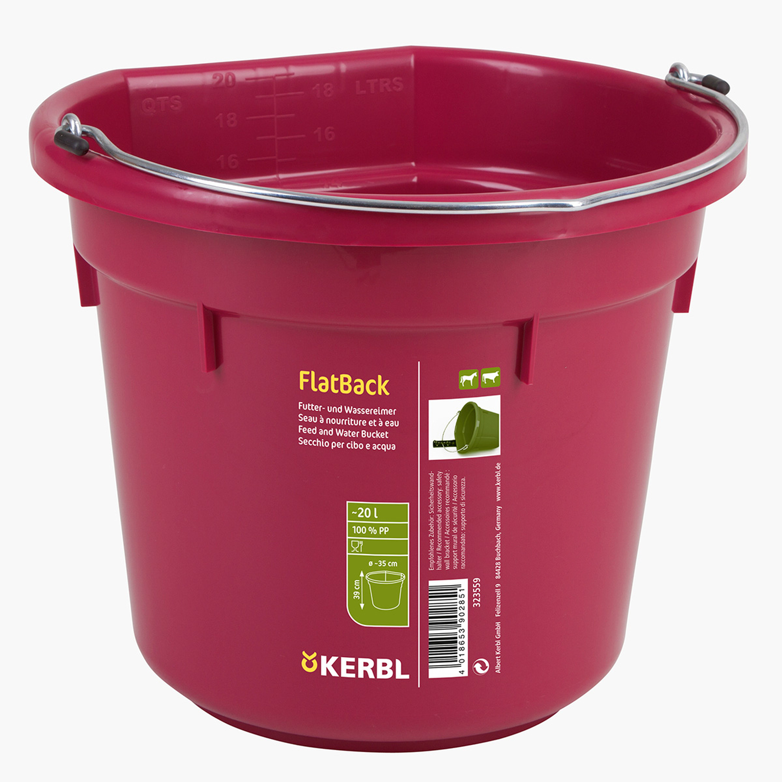 Raspberry Pink Kerbl Secchio per mangime e acqua FlatBack ca. 20L