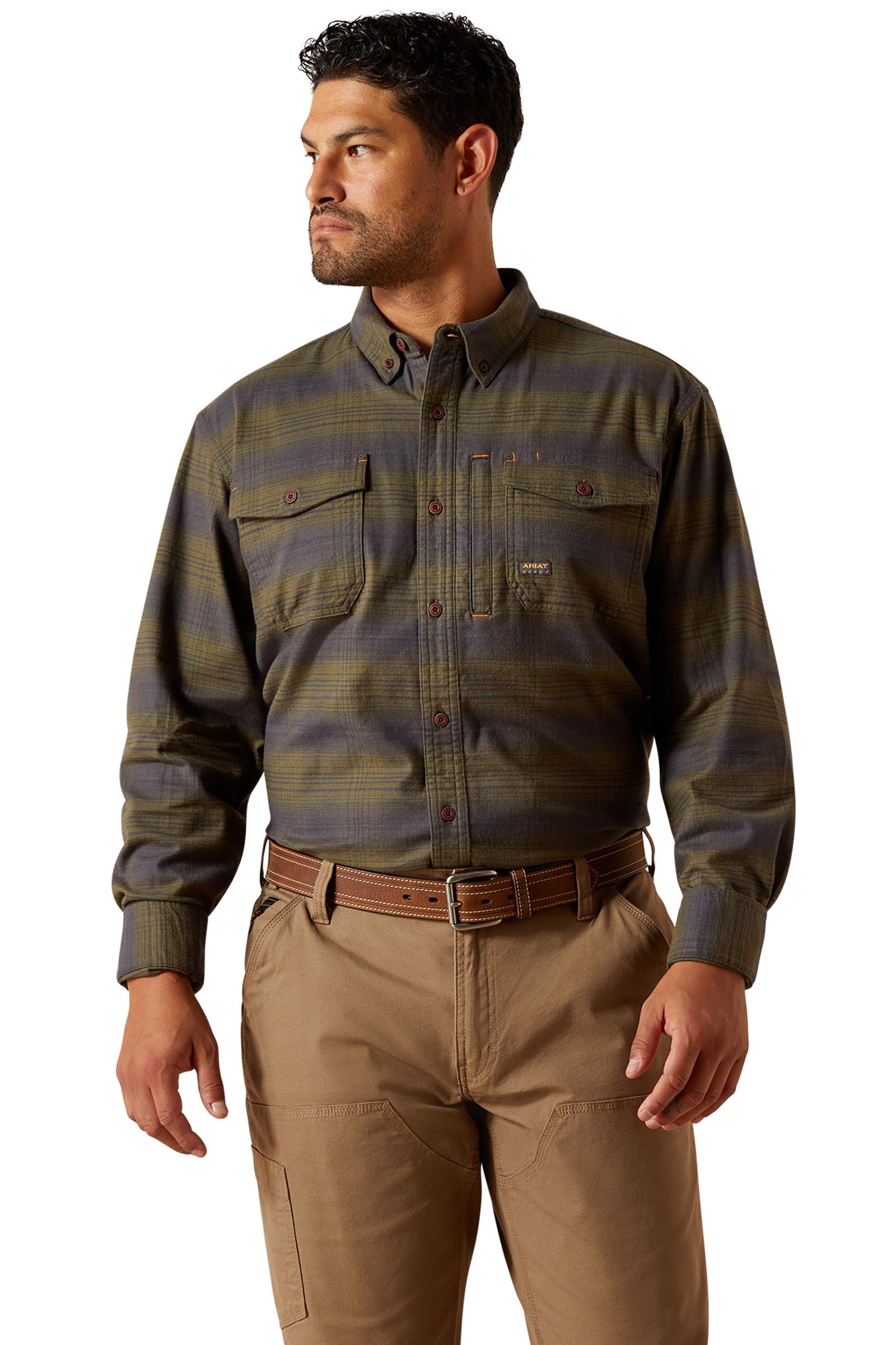 Burnt Olive Ariat Rebar camicia da lavoro in flanella DuraStretch