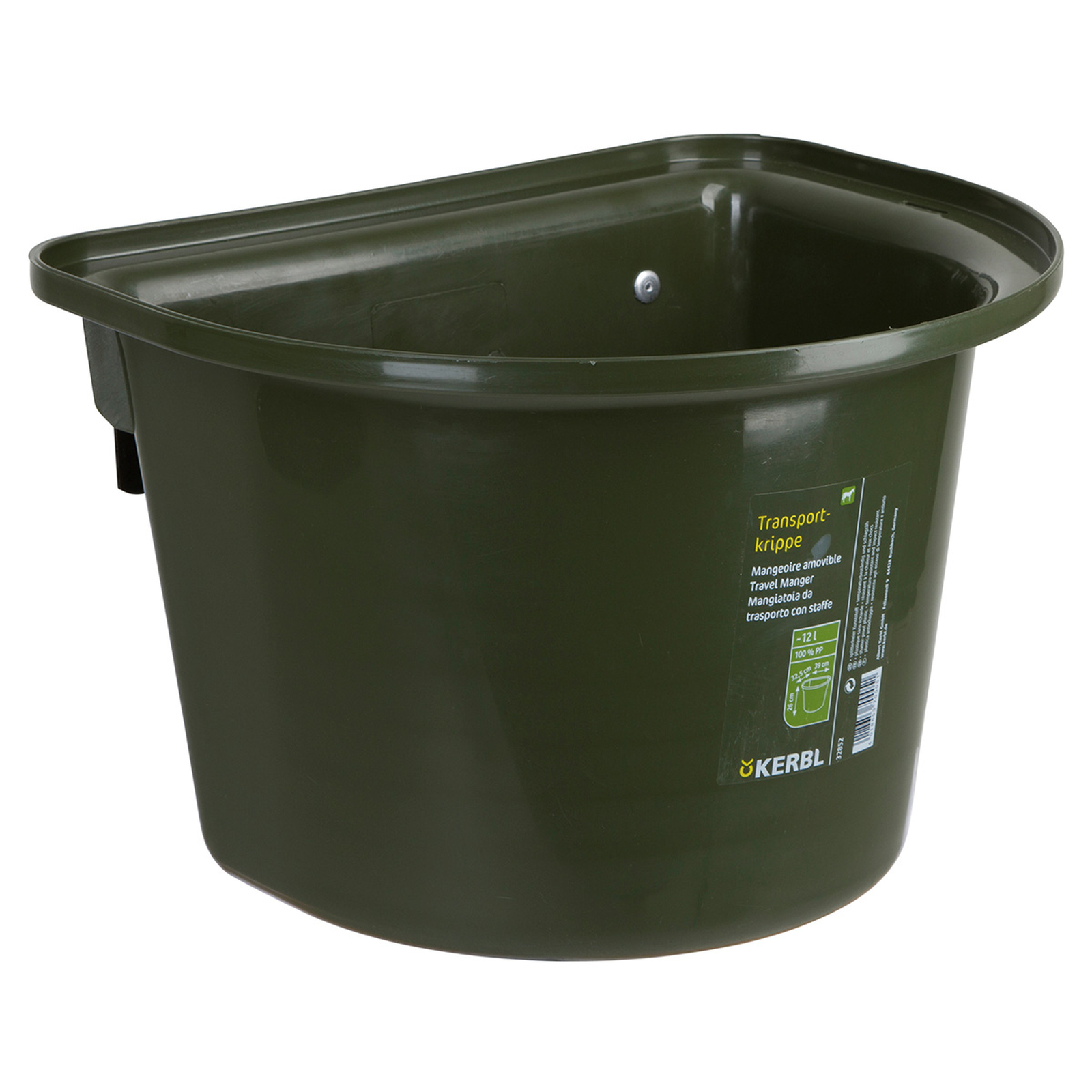 Dark Green Kerbl Mangiatoia da viaggio 12L, plastica con gancio agganciabile
