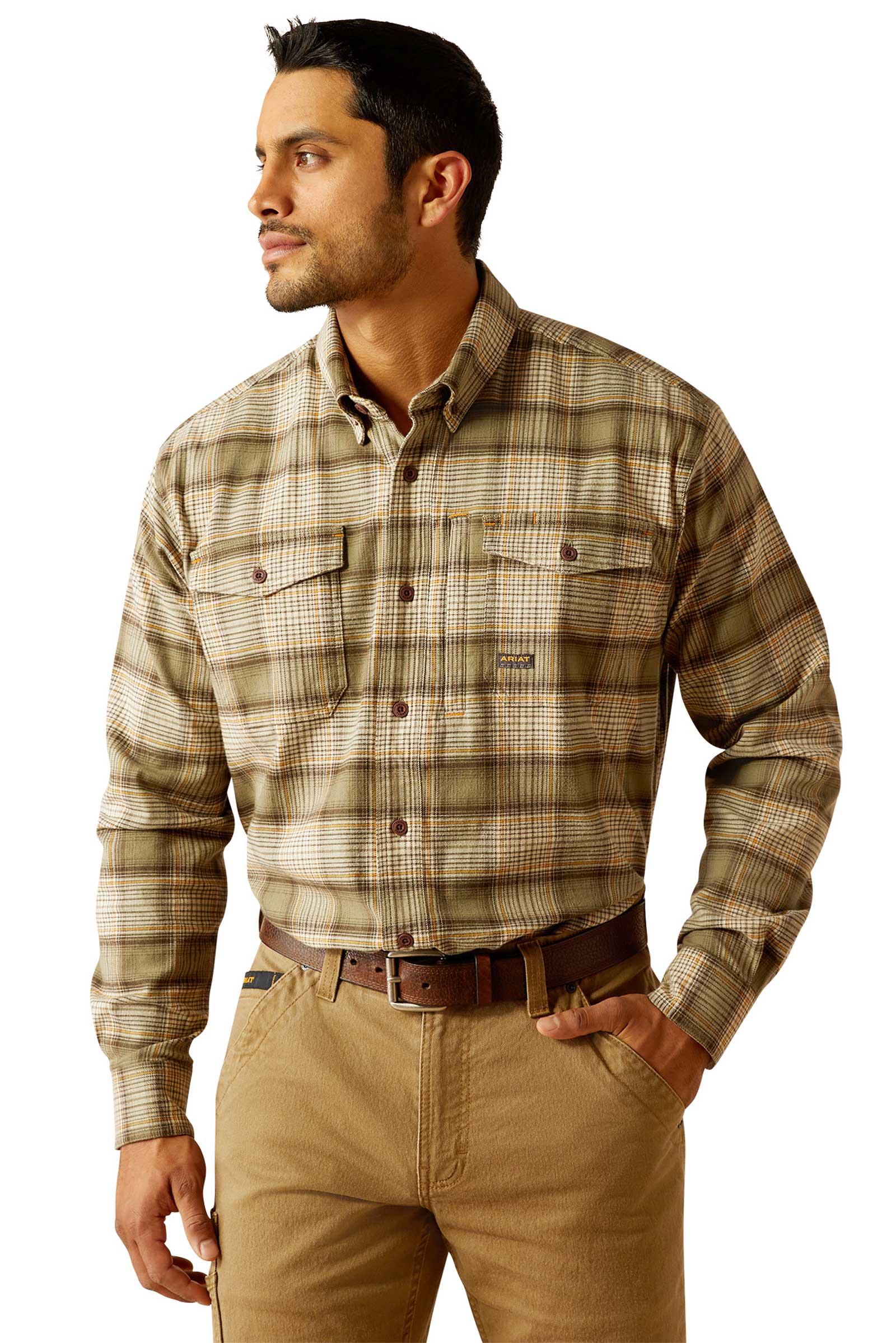 Deep Lichen Ariat Rebar camicia da lavoro in flanella DuraStretch